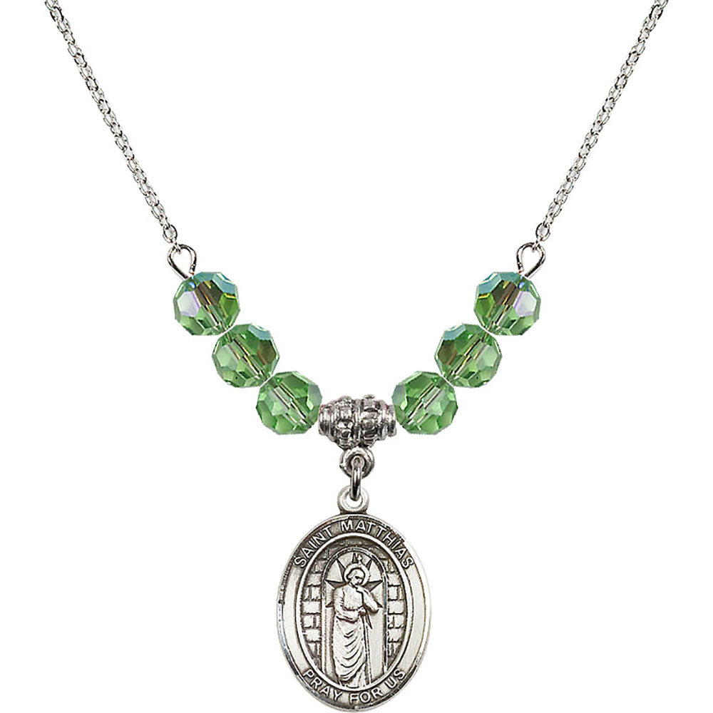 Sterling Silver Saint Matthias the Apostle Birthstone Necklace with Peridot Beads - 8331