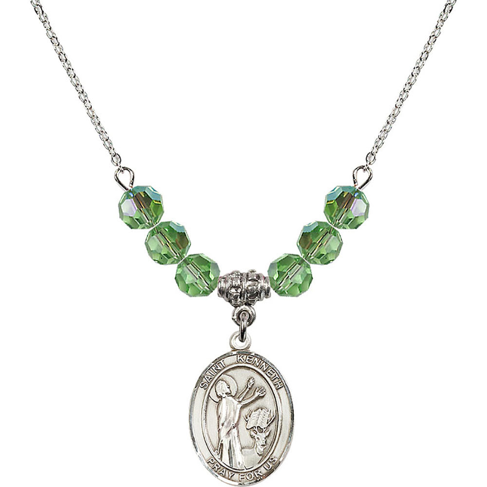 Sterling Silver Saint Kenneth Birthstone Necklace with Peridot Beads - 8332
