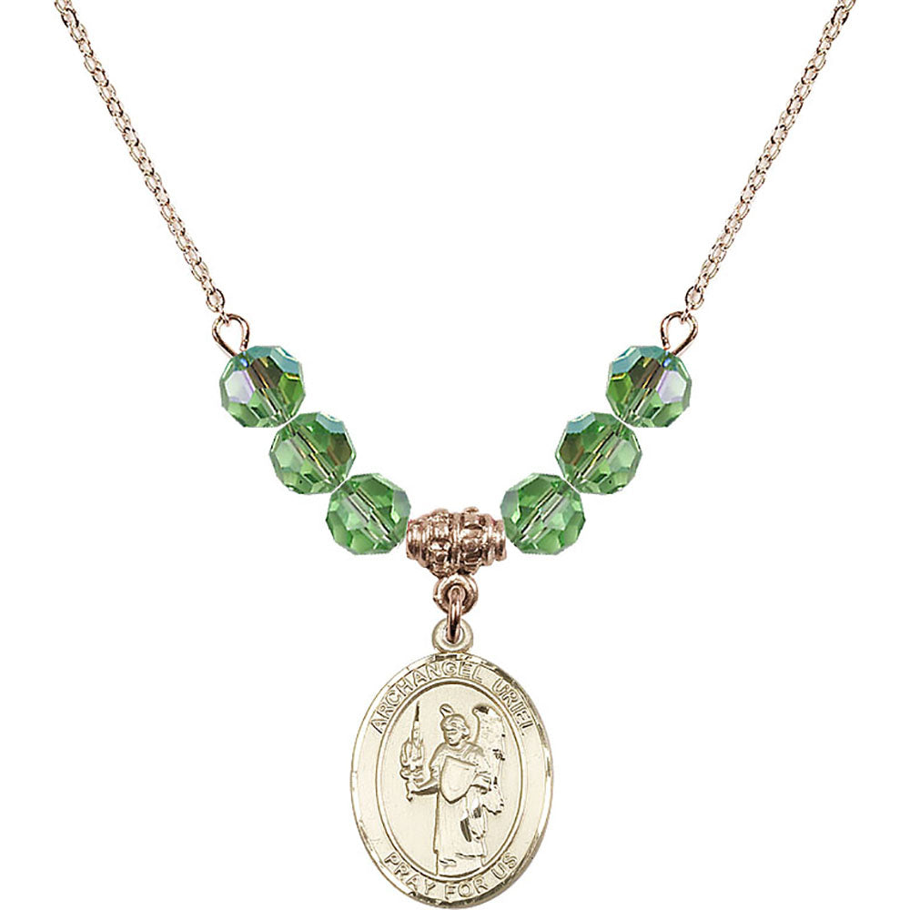 14kt Gold Filled Saint Uriel the Archangel Birthstone Necklace with Peridot Beads - 8378