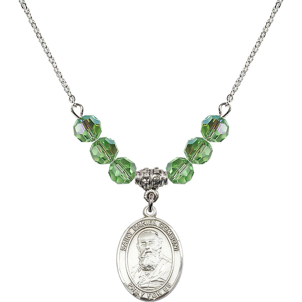 Sterling Silver Saint Daniel Comboni Birthstone Necklace with Peridot Beads - 8400
