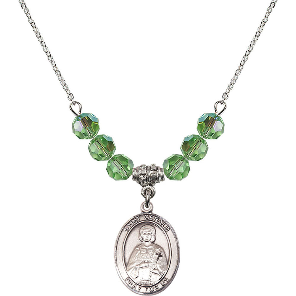 Sterling Silver Saint Gerald Birthstone Necklace with Peridot Beads - 8404