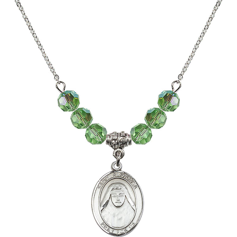 Sterling Silver Saint Alphonsa of India Birthstone Necklace with Peridot Beads - 8406