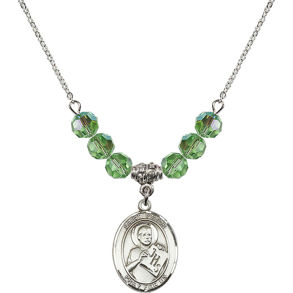 Sterling Silver Saint Viator of Bergamo Birthstone Necklace with Peridot Beads - 8408