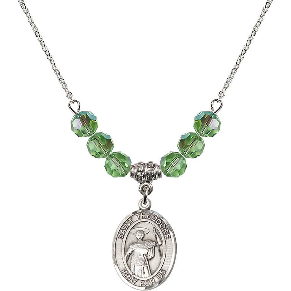 Sterling Silver Saint Theodore Stratelates Birthstone Necklace with Peridot Beads - 8415