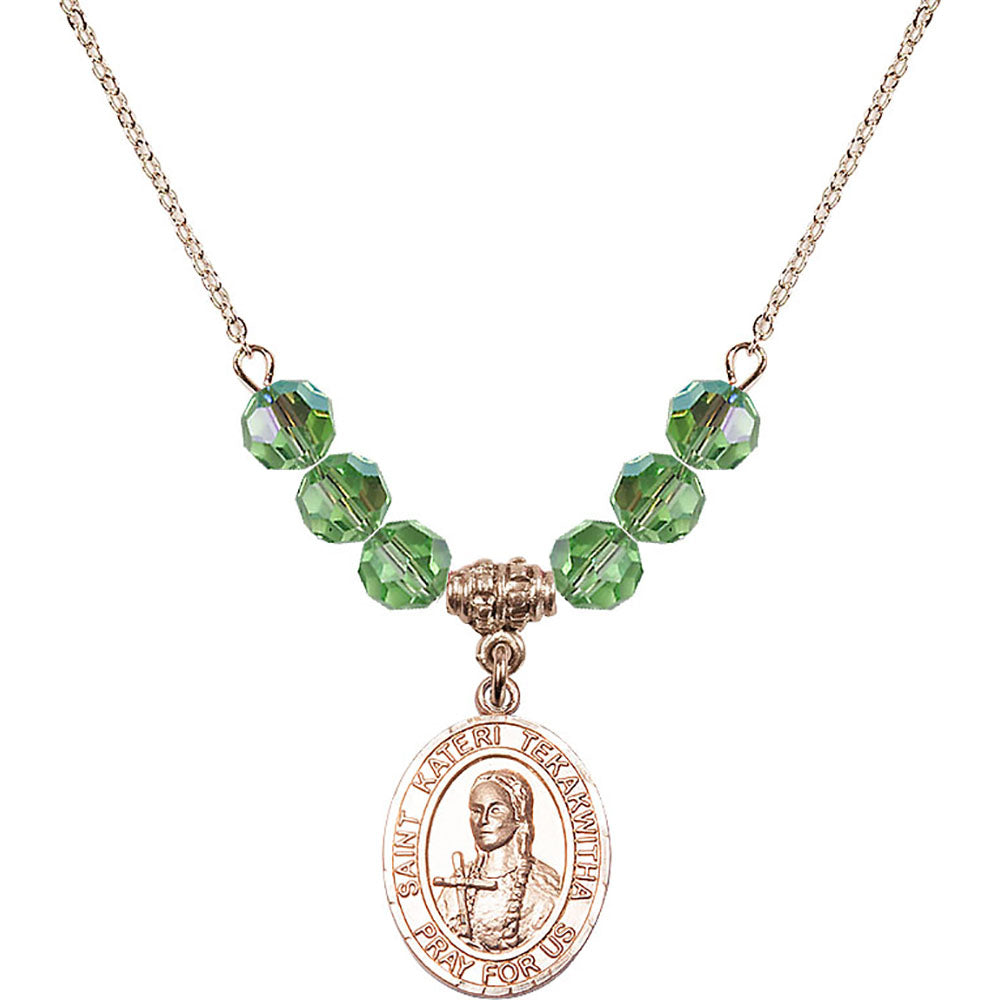 14kt Gold Filled Saint Kateri Tekakwitha Birthstone Necklace with Peridot Beads - 8438