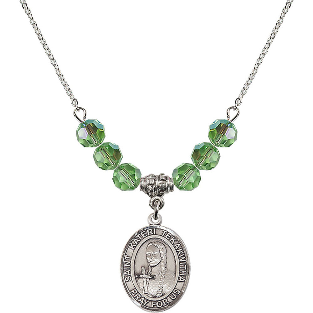 Sterling Silver Saint Kateri Tekakwitha Birthstone Necklace with Peridot Beads - 8438