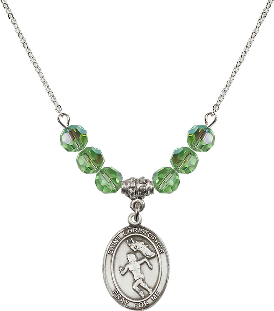 Sterling Silver Saint Christopher/Track&Field-Women Birthstone Necklace with Peridot Beads - 8510