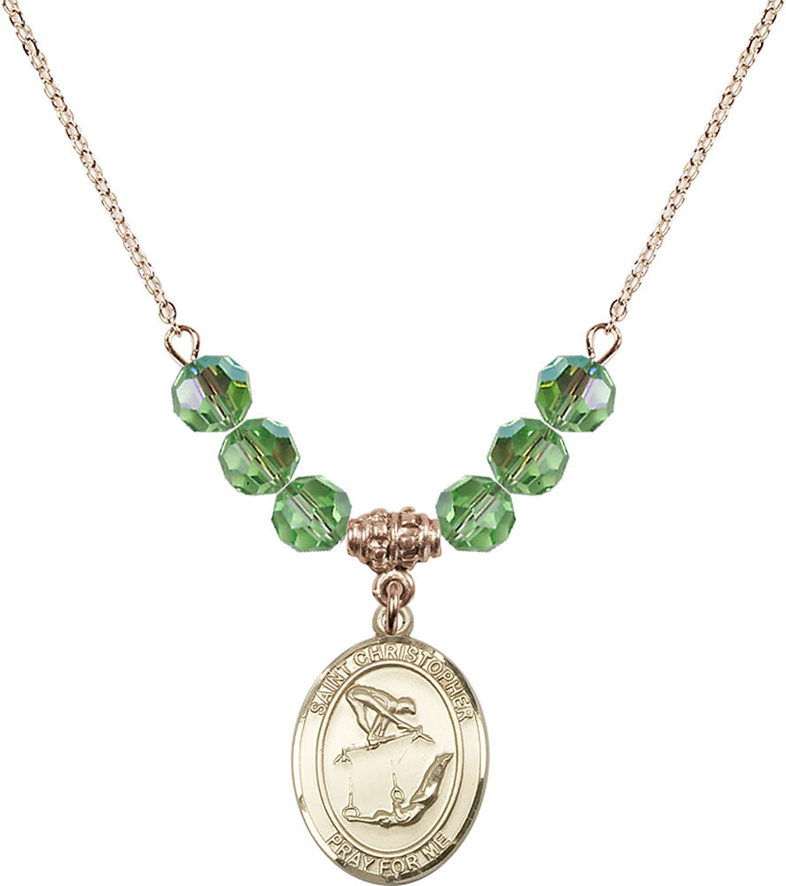 14kt Gold Filled Saint Christopher/Gymnastics Birthstone Necklace with Peridot Beads - 8513