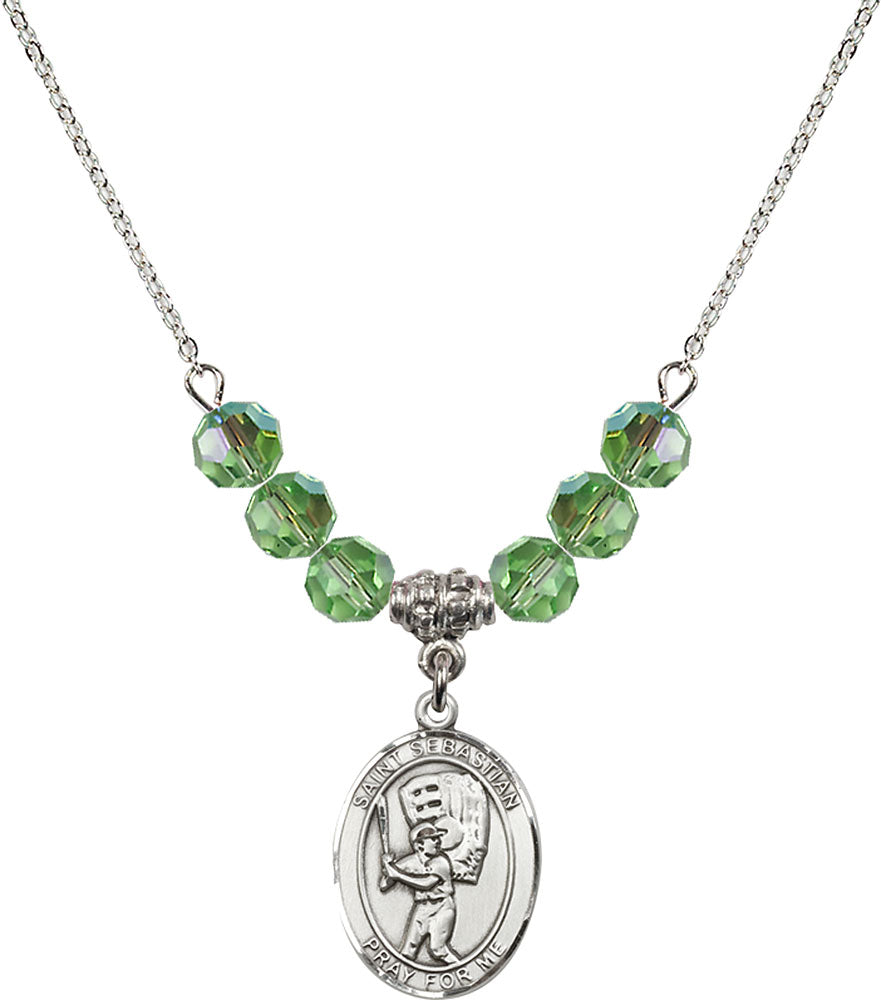 Sterling Silver Saint Sebastian / Baseball Birthstone Necklace with Peridot Beads - 8600