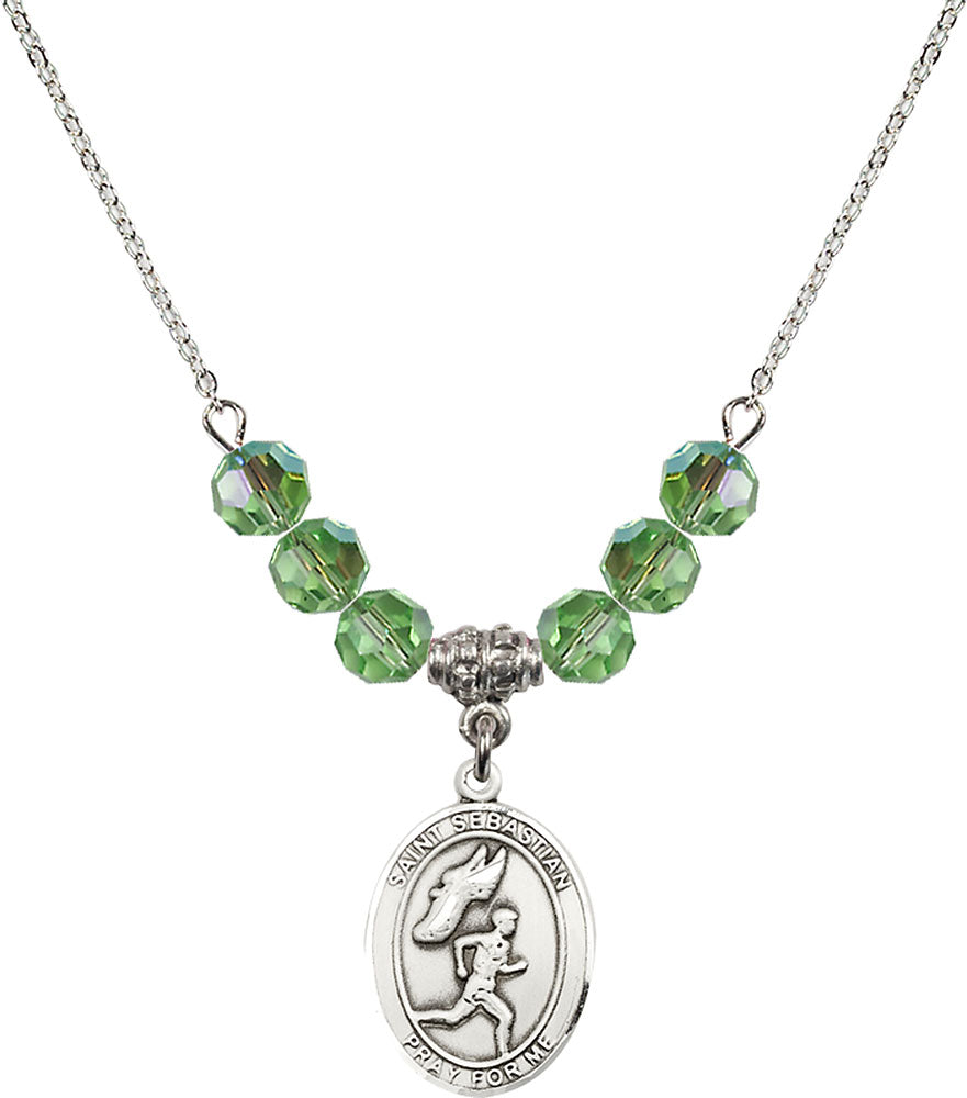 Sterling Silver Saint Sebastian /Track&Field-Men Birthstone Necklace with Peridot Beads - 8609