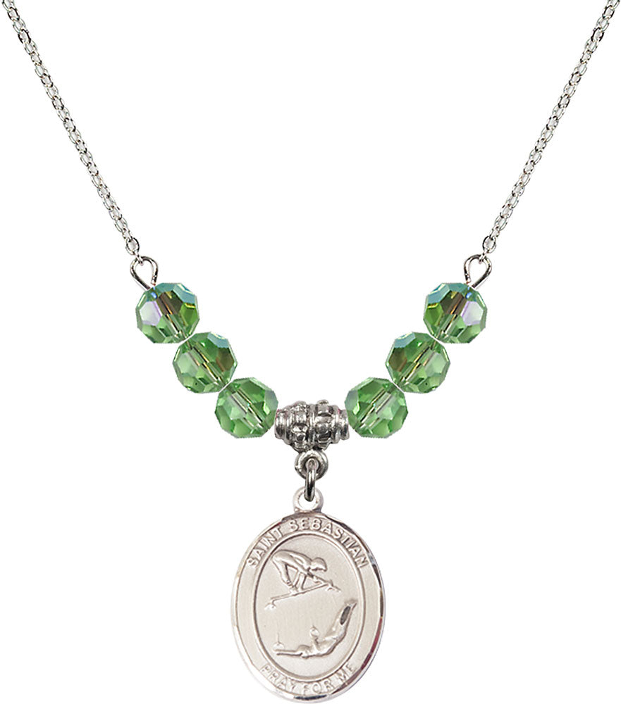 Sterling Silver Saint Sebastian/Gymnastics Birthstone Necklace with Peridot Beads - 8613