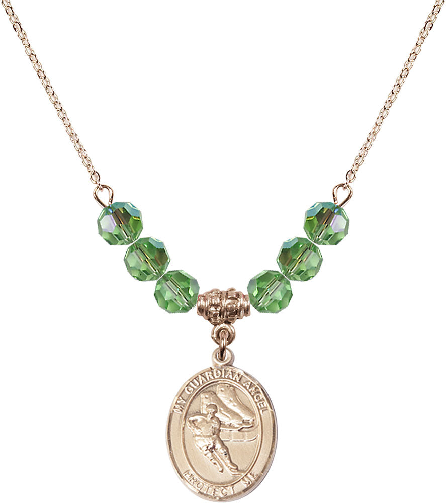 14kt Gold Filled Guardian Angel/Hockey Birthstone Necklace with Peridot Beads - 8704