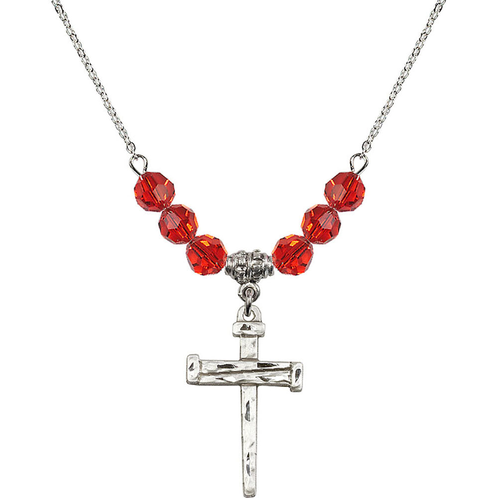Sterling Silver Nail Cross Birthstone Necklace with Ruby Beads - 0013