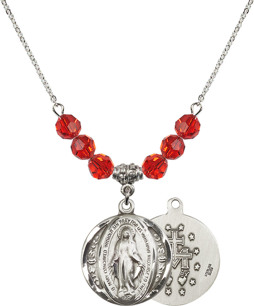 Sterling Silver Miraculous Birthstone Necklace with Ruby Beads - 0017