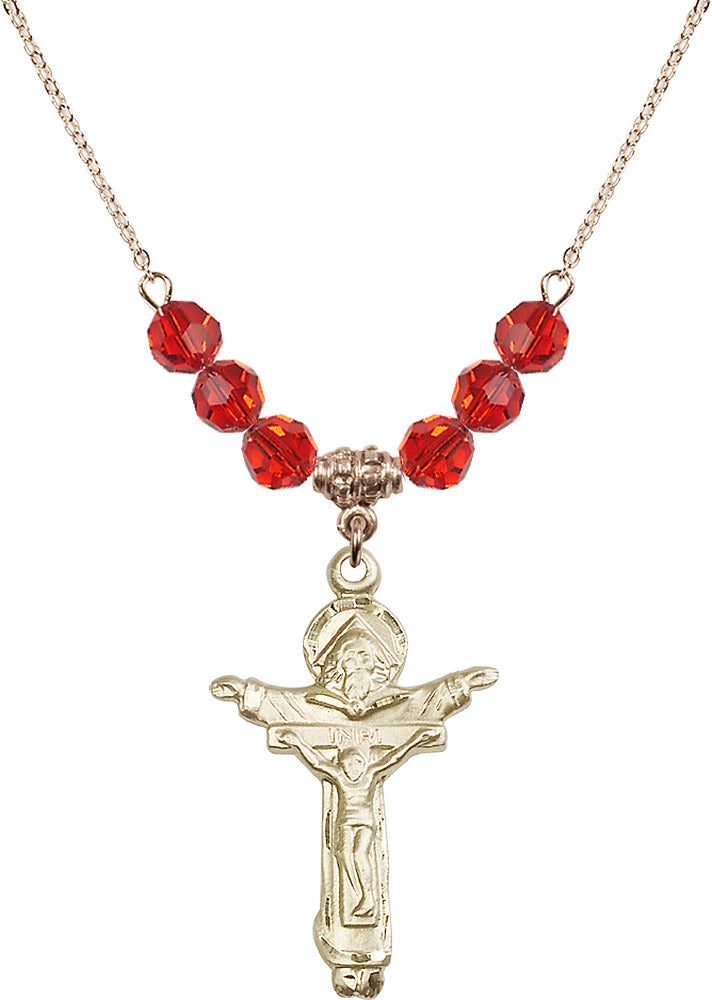 14kt Gold Filled Trinity Crucifix Birthstone Necklace with Ruby Beads - 0065