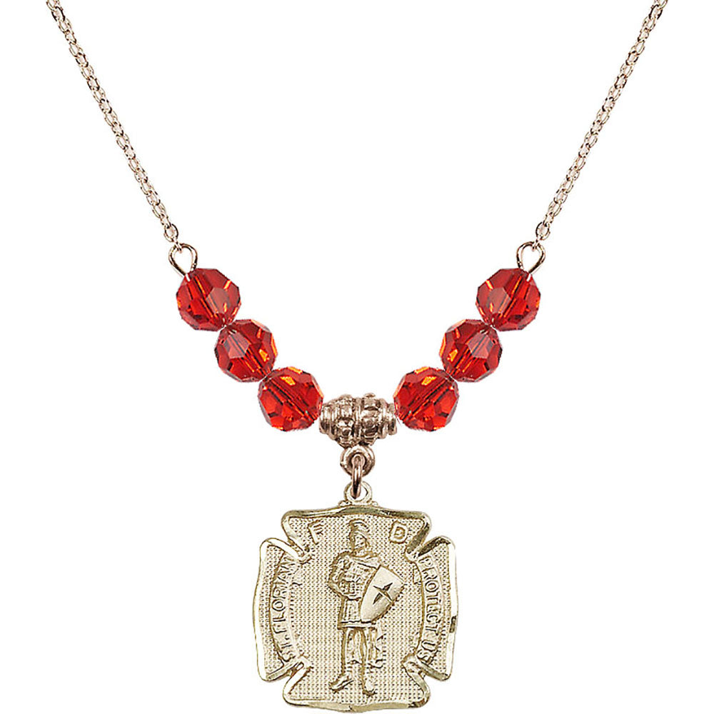 14kt Gold Filled Saint Florian Birthstone Necklace with Ruby Beads - 0070