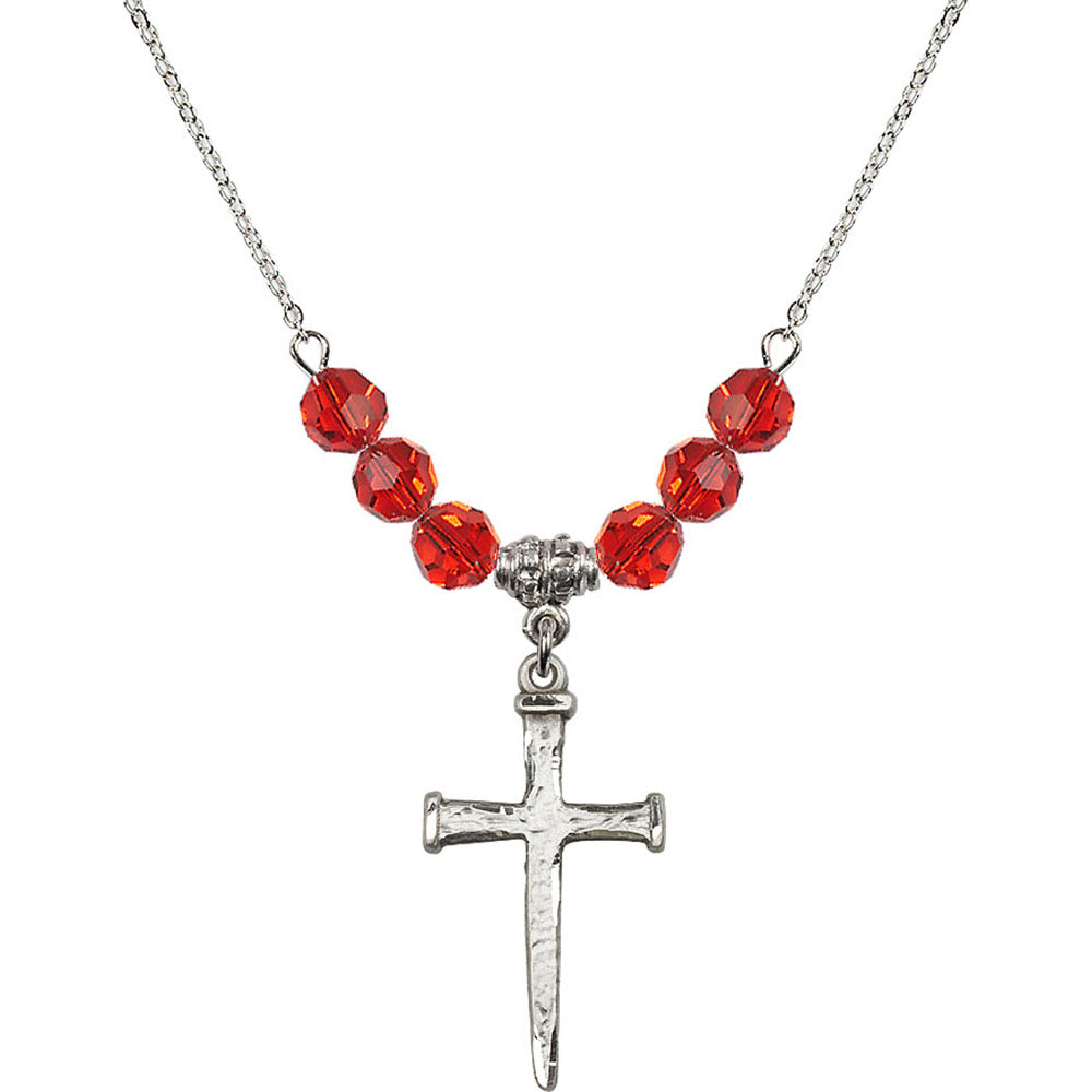 Sterling Silver Nail Cross Birthstone Necklace with Ruby Beads - 0085