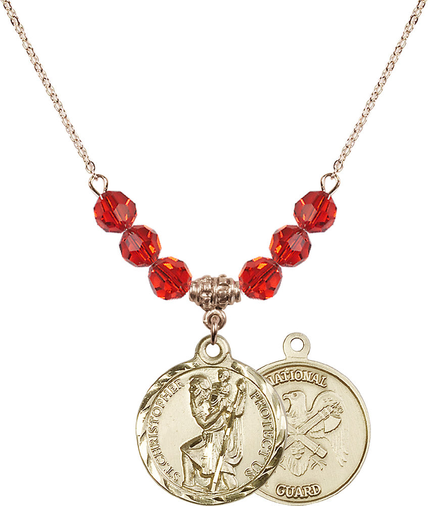 14kt Gold Filled Saint Christopher / Nat'l Guard Birthstone Necklace with Ruby Beads - 0192