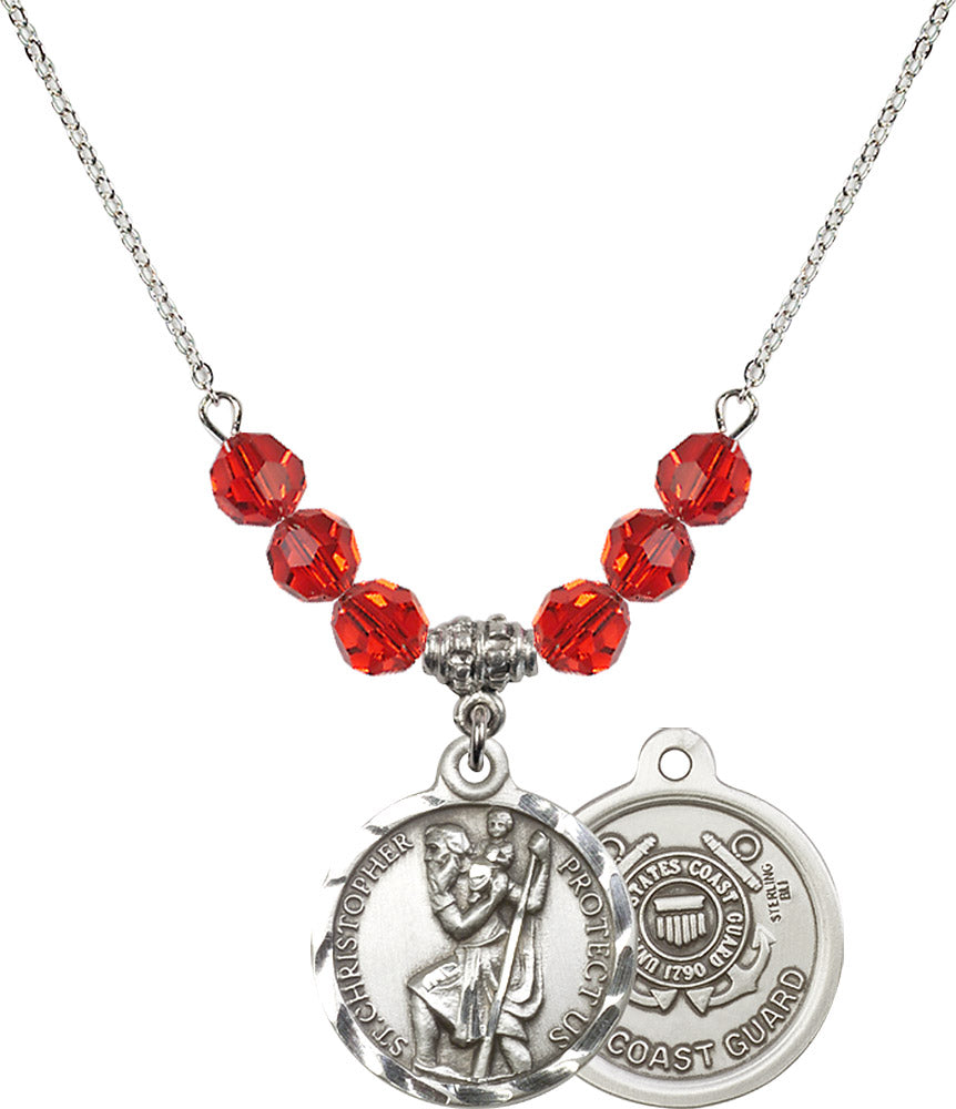 Sterling Silver Saint Christopher / Coast Guard Birthstone Necklace with Ruby Beads - 0192