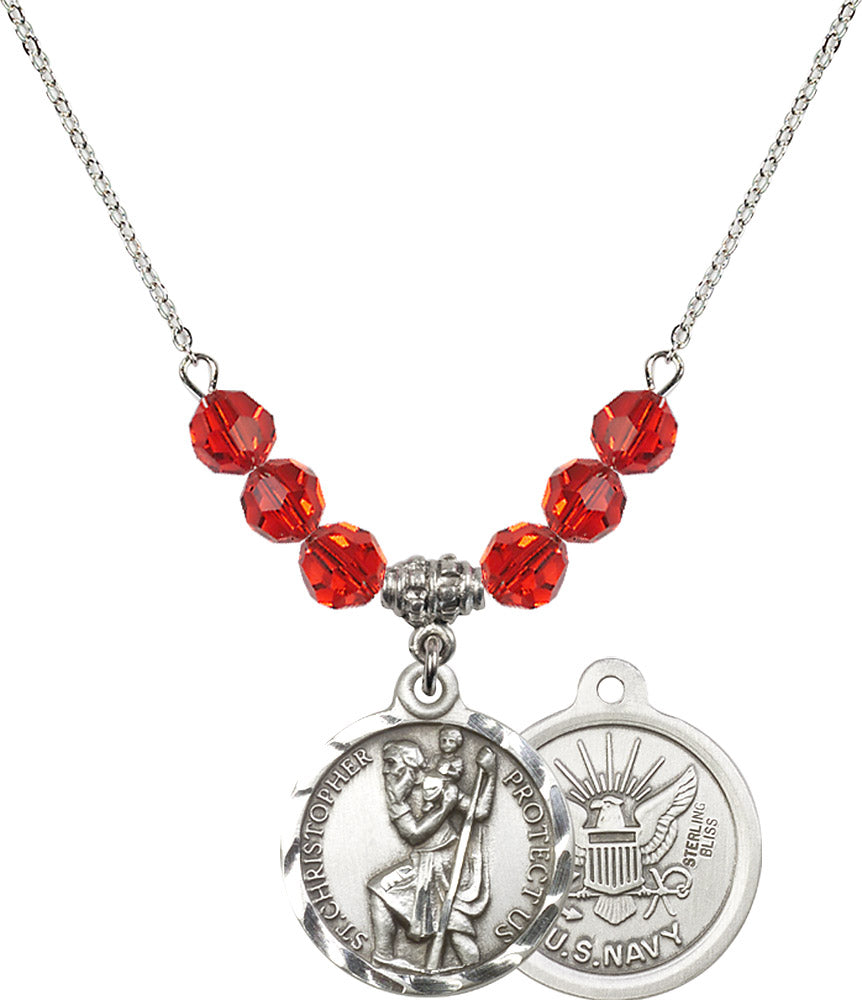 Sterling Silver Saint Christopher / Navy Birthstone Necklace with Ruby Beads - 0192