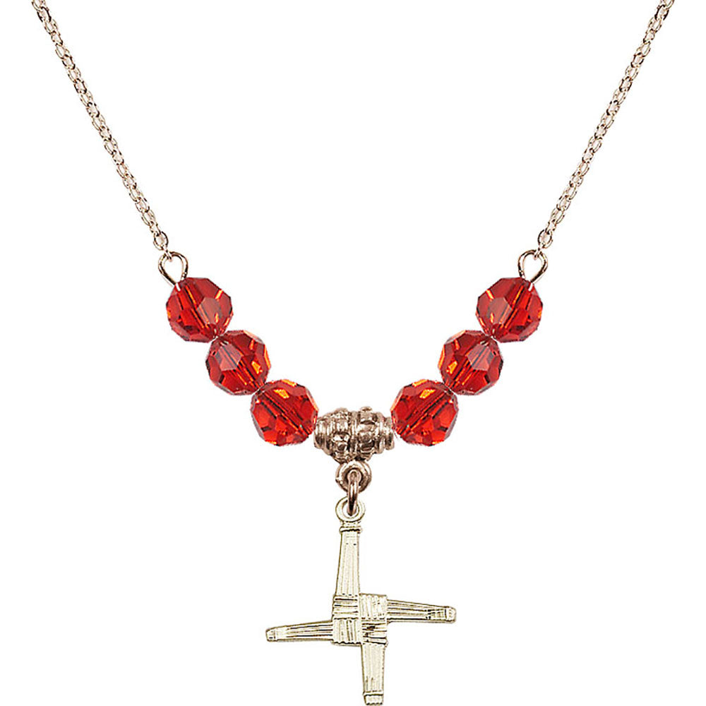14kt Gold Filled Saint Brigid Cross Birthstone Necklace with Ruby Beads - 0290
