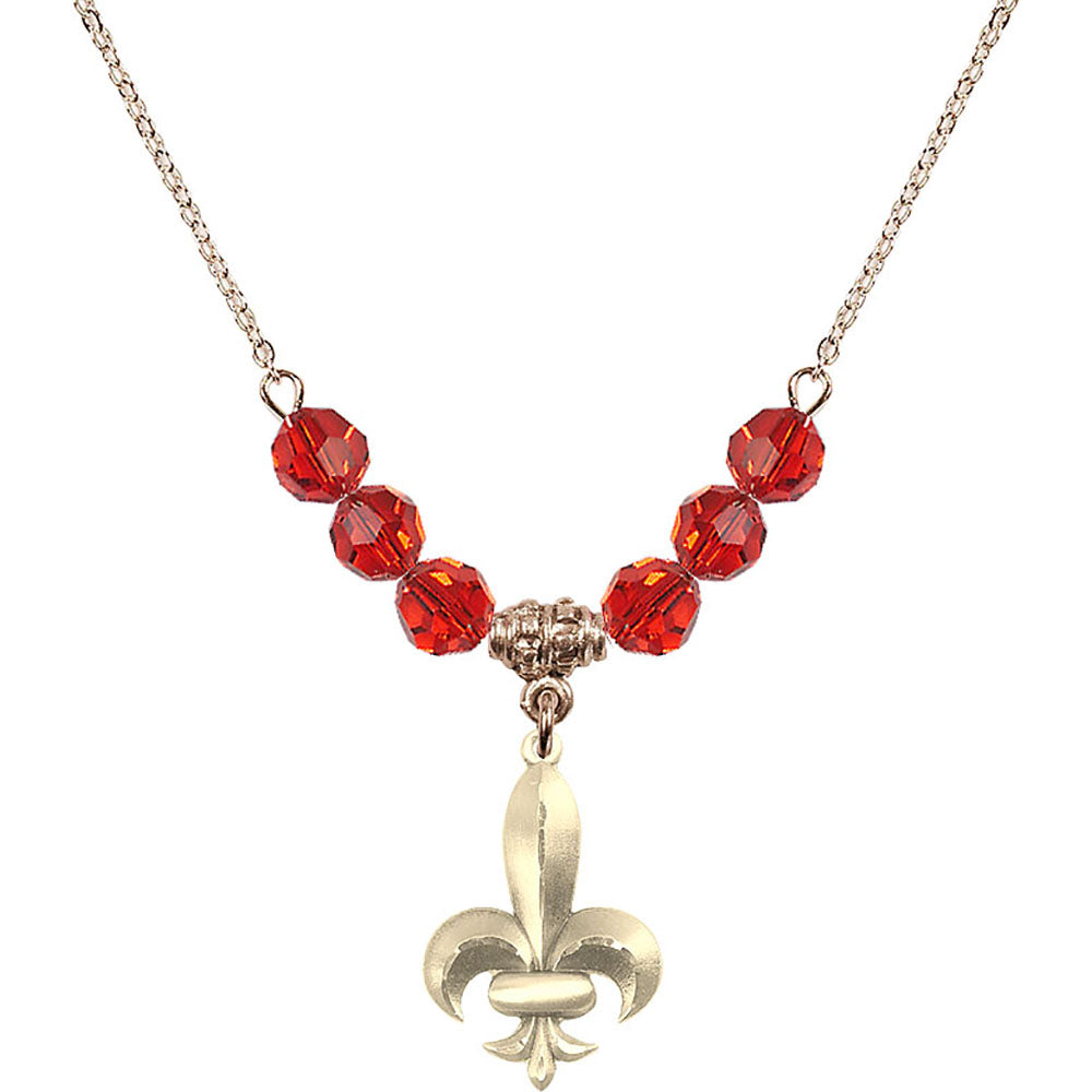 14kt Gold Filled Fleur de Lis Birthstone Necklace with Ruby Beads - 0294