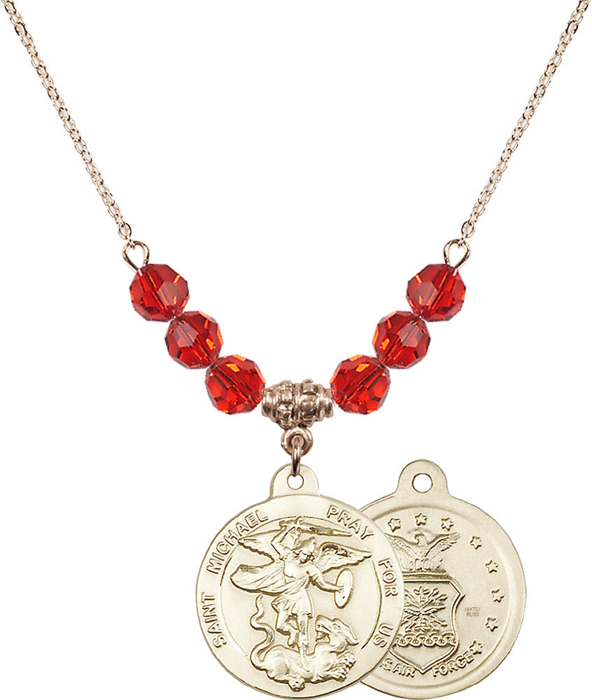 14kt Gold Filled Saint Michael / Air Force Birthstone Necklace with Ruby Beads - 0342