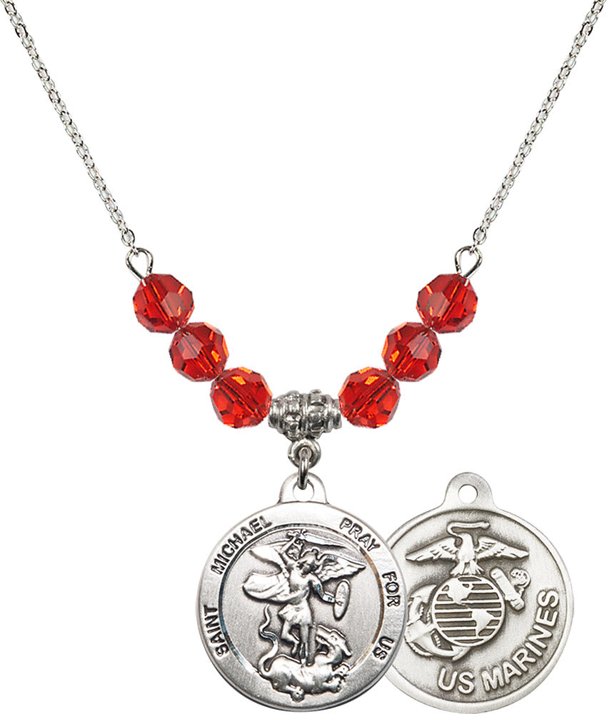 Sterling Silver Saint Michael / Marines Birthstone Necklace with Ruby Beads - 0342