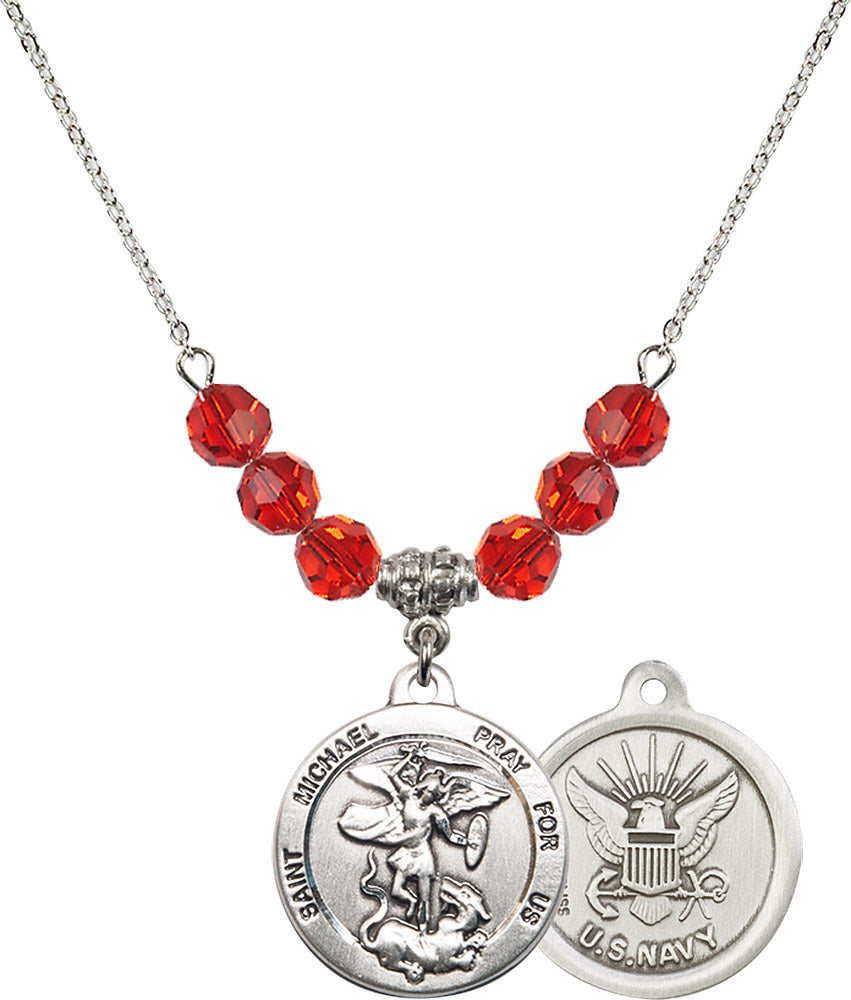 Sterling Silver Saint Michael / Navy Birthstone Necklace with Ruby Beads - 0342