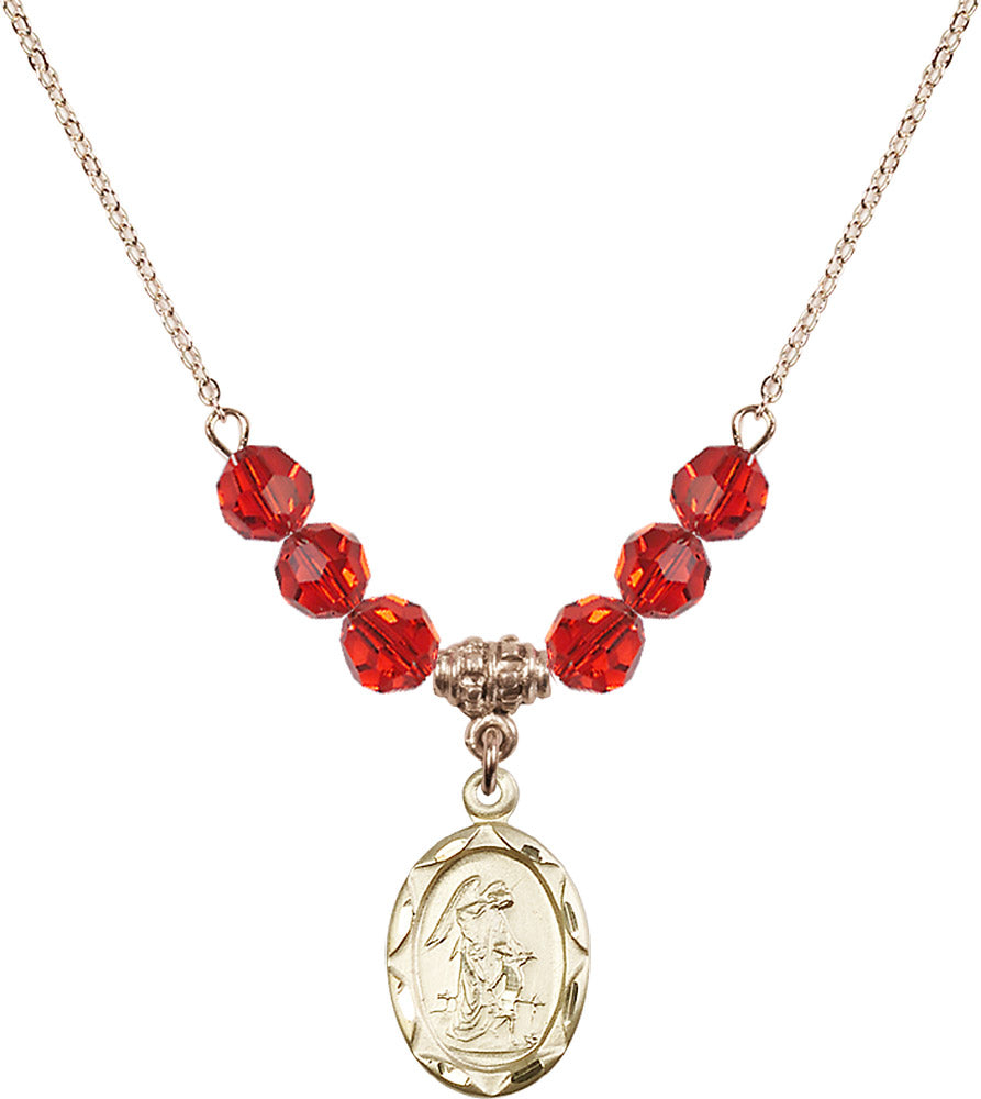 14kt Gold Filled Guardian Angel Birthstone Necklace with Ruby Beads - 0612
