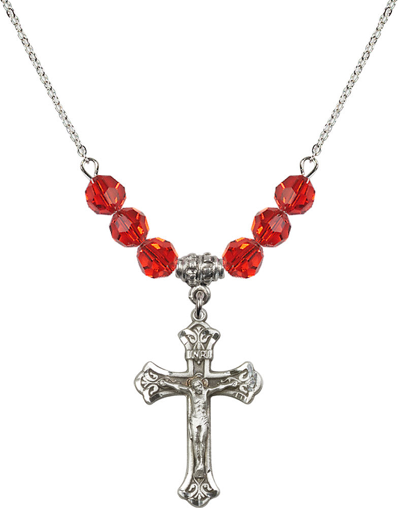 Sterling Silver Crucifix Birthstone Necklace with Ruby Beads - 0622