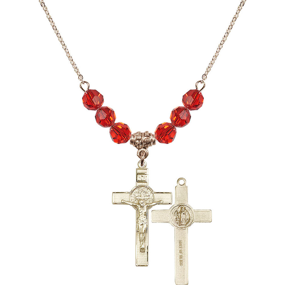 14kt Gold Filled Saint Benedict Crucifix Birthstone Necklace with Ruby Beads - 0625