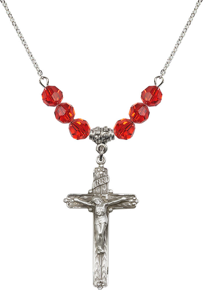 Sterling Silver Crucifix Birthstone Necklace with Ruby Beads - 0655