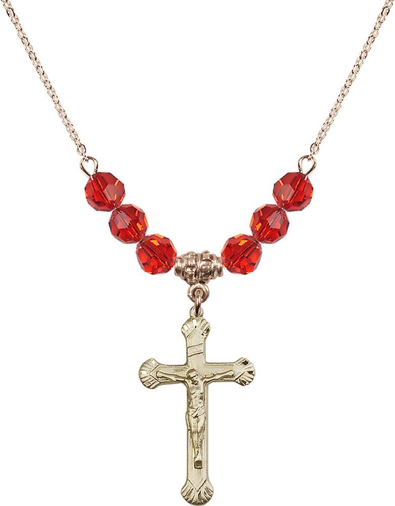 14kt Gold Filled Crucifix Birthstone Necklace with Ruby Beads - 0664