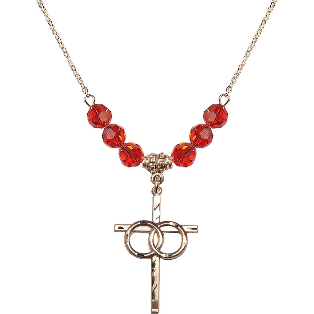 14kt Gold Filled Wedding Rings Cross Birthstone Necklace with Ruby Beads - 0671