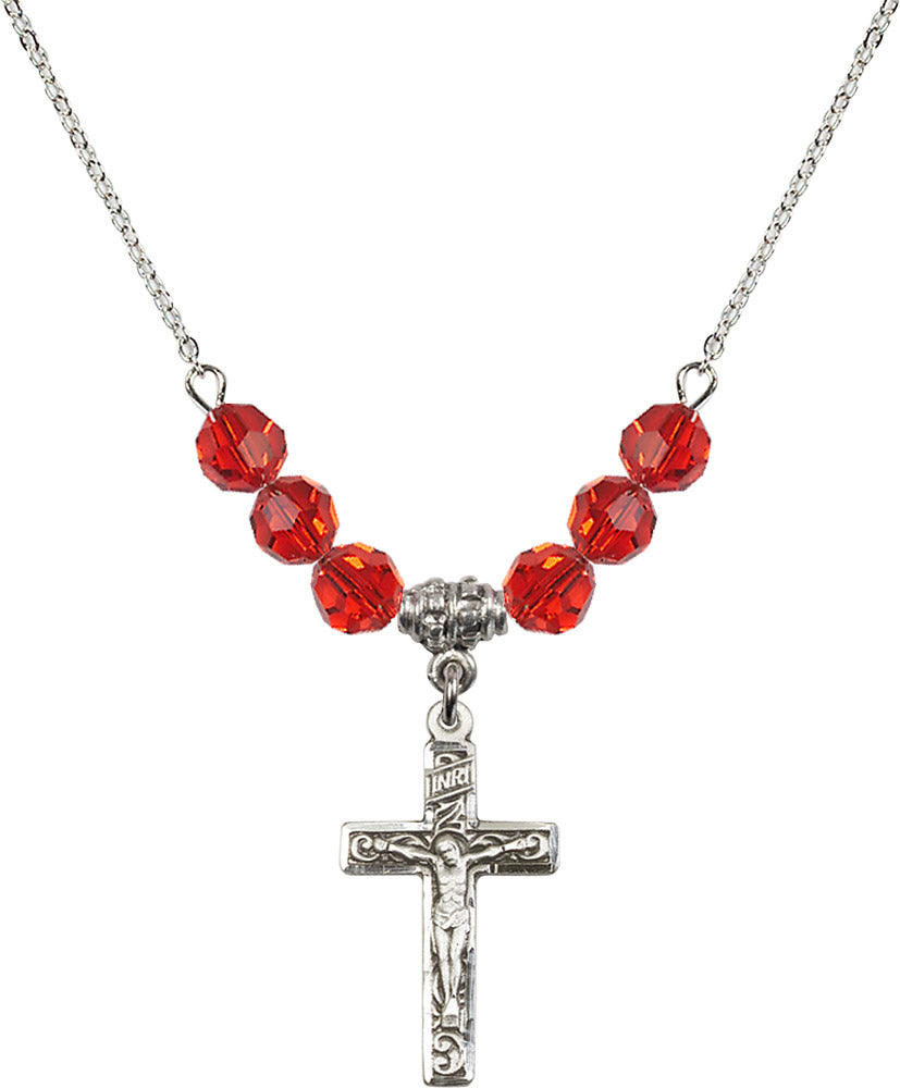 Sterling Silver Crucifix Birthstone Necklace with Ruby Beads - 0673