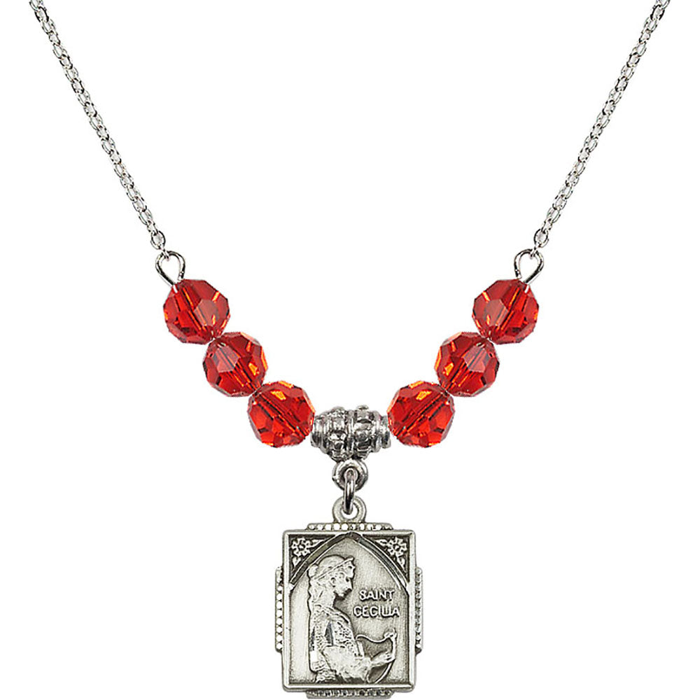 Sterling Silver Saint Cecilia Birthstone Necklace with Ruby Beads - 0804