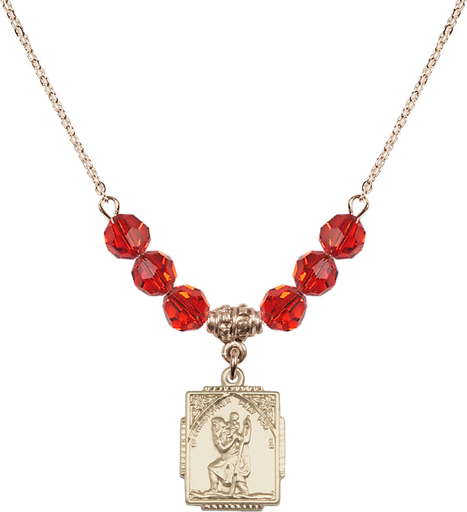 14kt Gold Filled Saint Christopher Birthstone Necklace with Ruby Beads - 0804