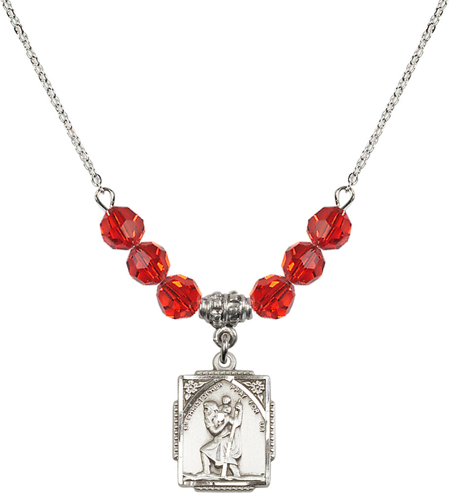 Sterling Silver Saint Christopher Birthstone Necklace with Ruby Beads - 0804