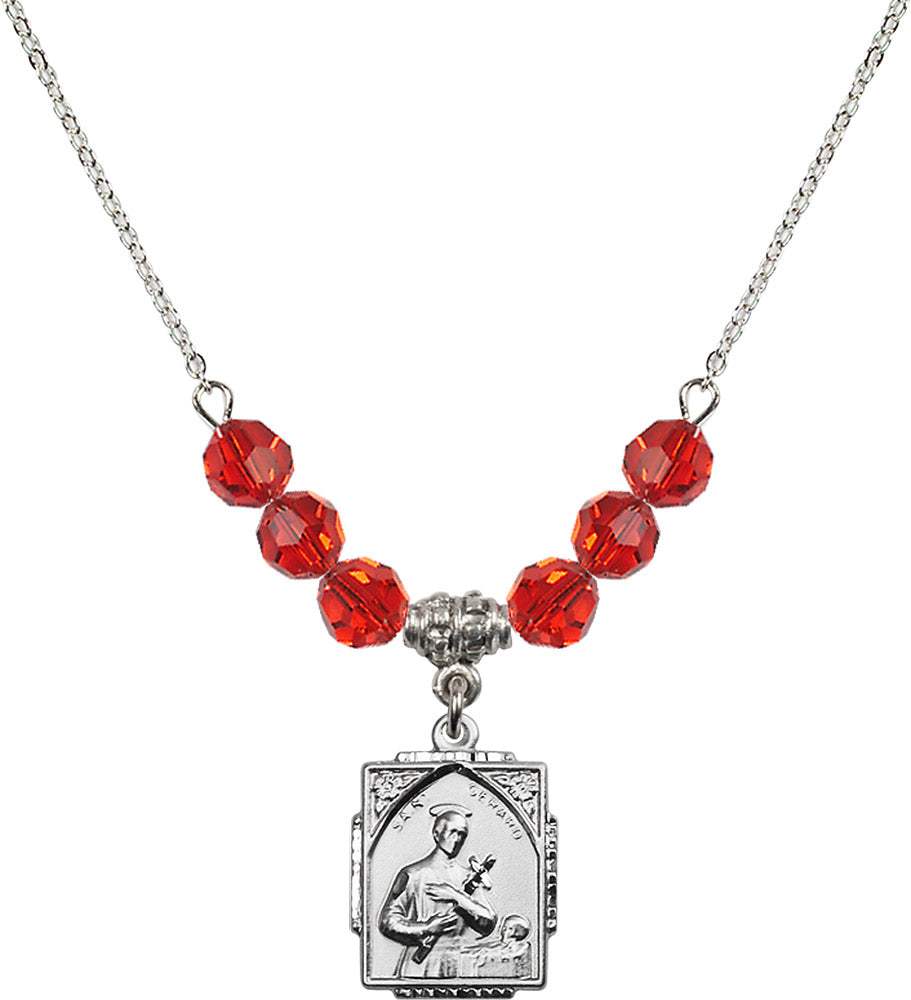 Sterling Silver Saint Gerard Birthstone Necklace with Ruby Beads - 0804