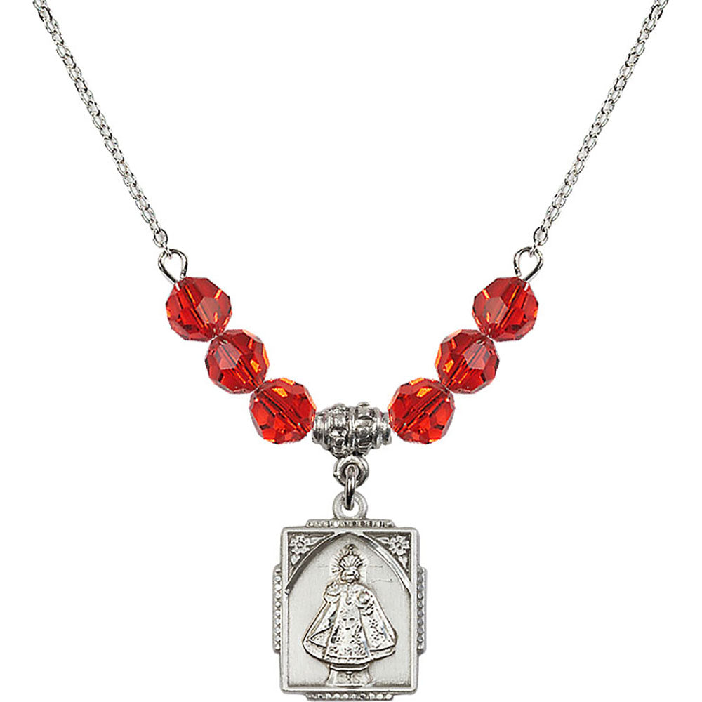 Sterling Silver Infant of Prague Birthstone Necklace with Ruby Beads - 0804