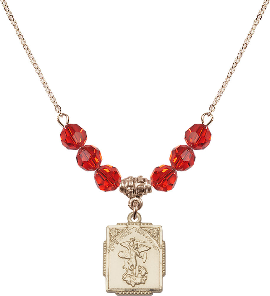 14kt Gold Filled Saint Michael the Archangel Birthstone Necklace with Ruby Beads - 0804