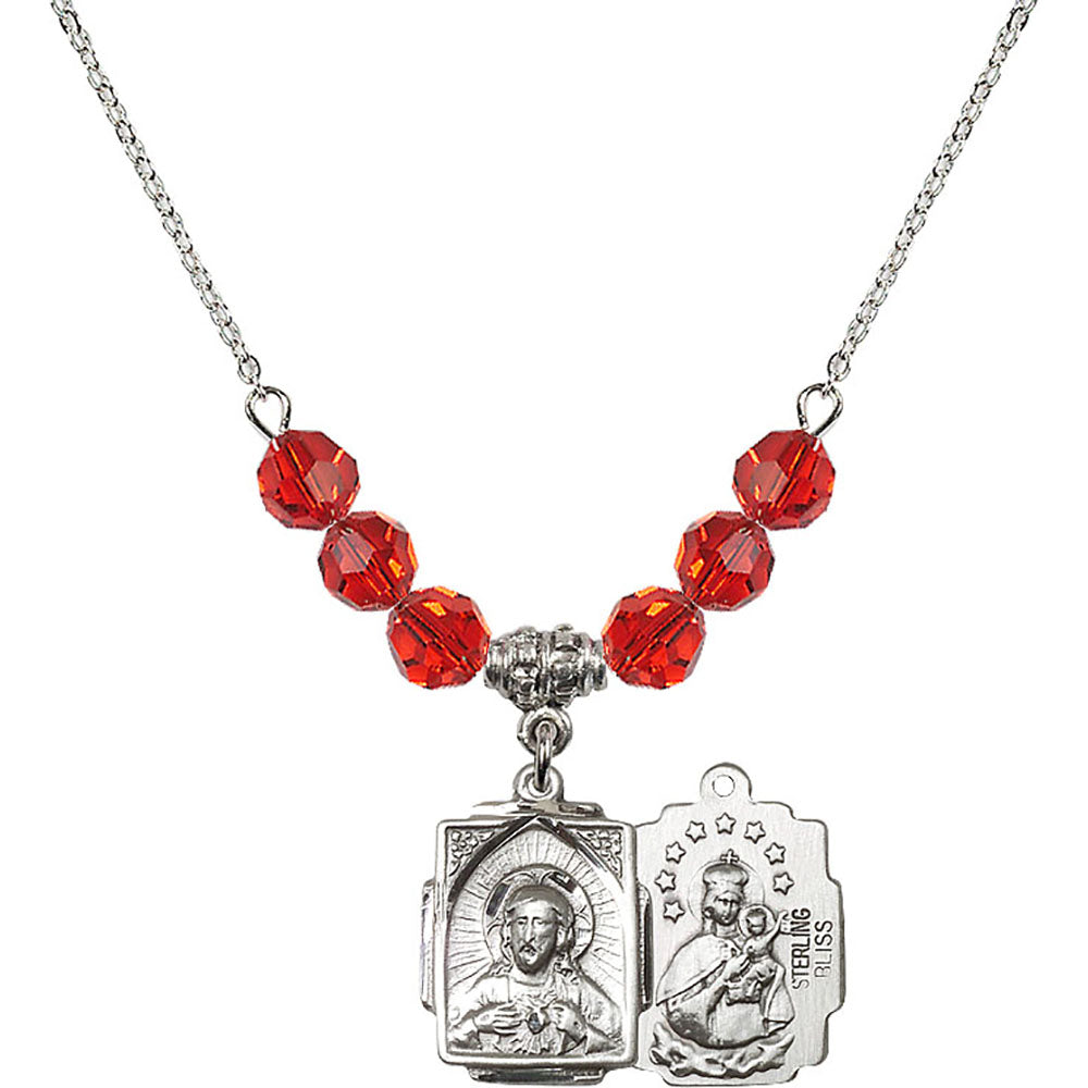 Sterling Silver Scapular Birthstone Necklace with Ruby Beads - 0804
