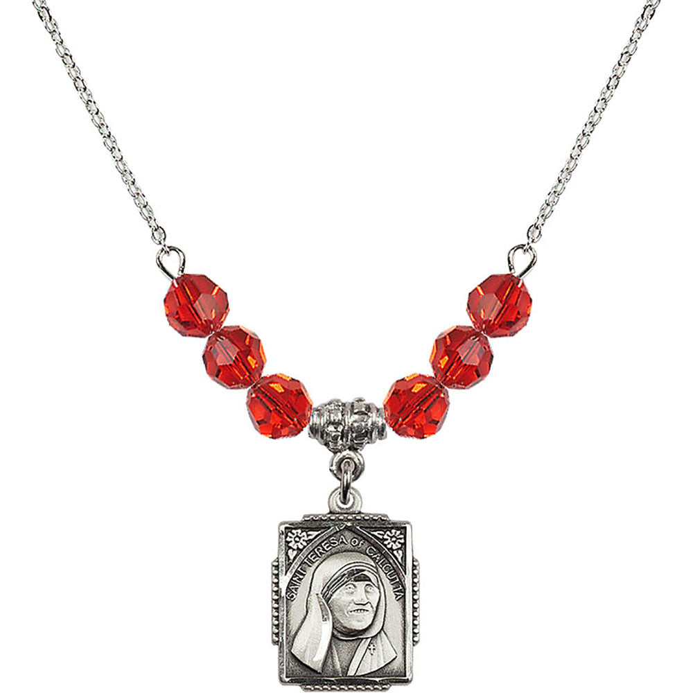 Sterling Silver Saint Teresa of Calcutta Birthstone Necklace with Ruby Beads - 0804