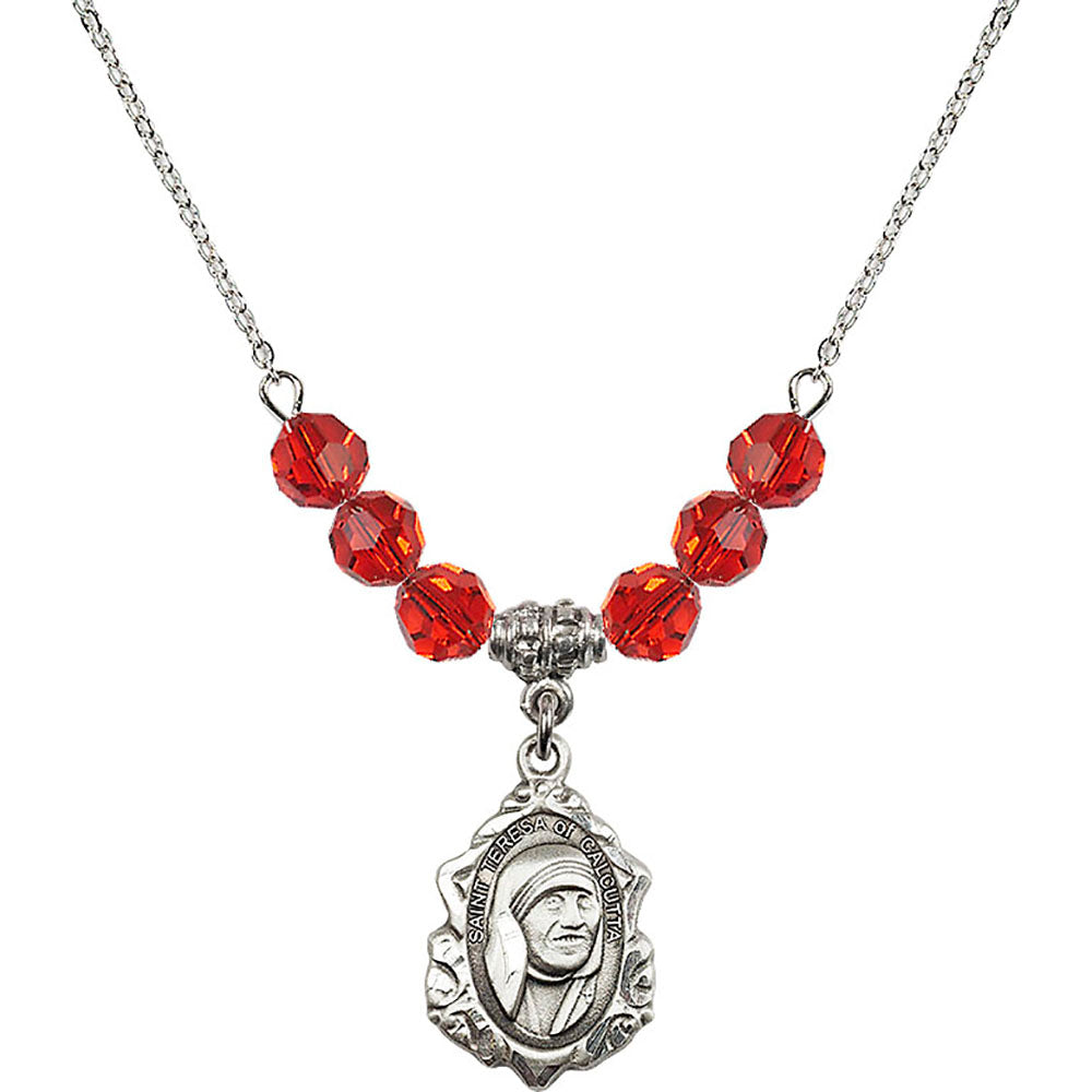 Sterling Silver Saint Teresa of Calcutta Birthstone Necklace with Ruby Beads - 0812