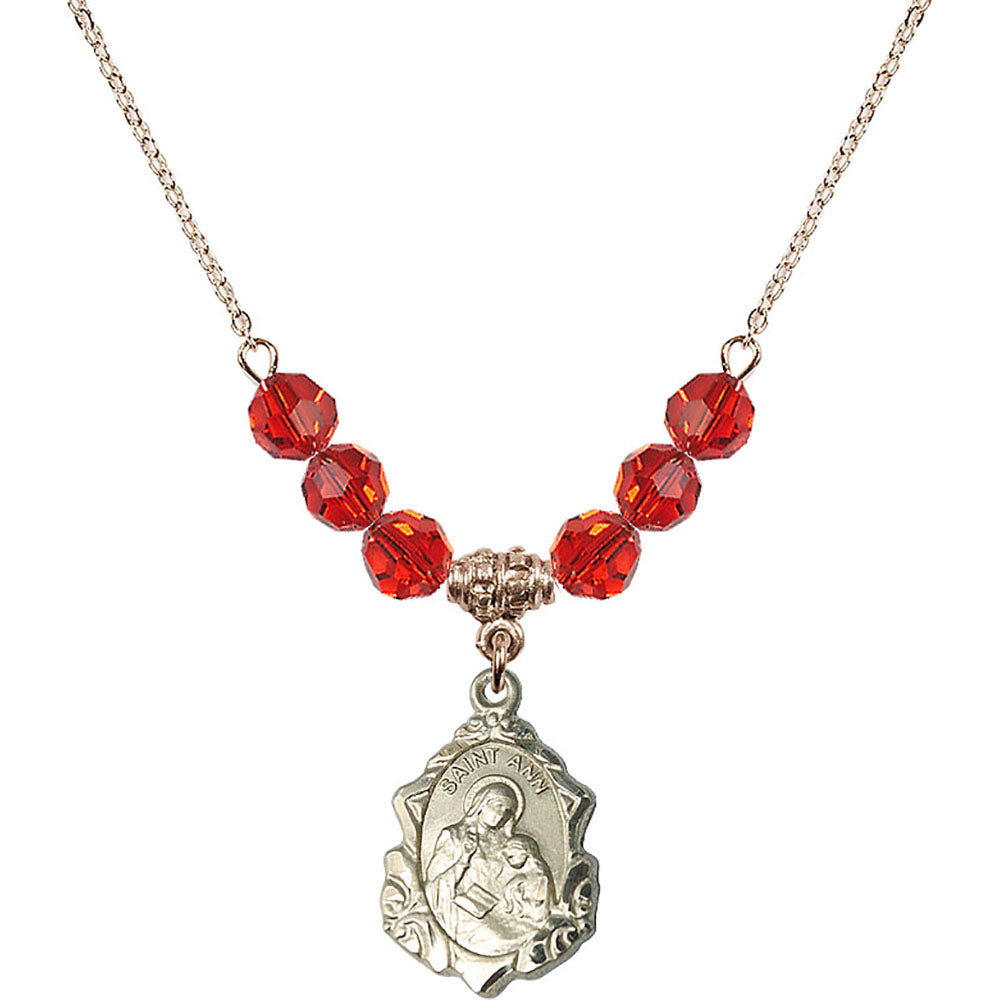 14kt Gold Filled Saint Ann Birthstone Necklace with Ruby Beads - 0822