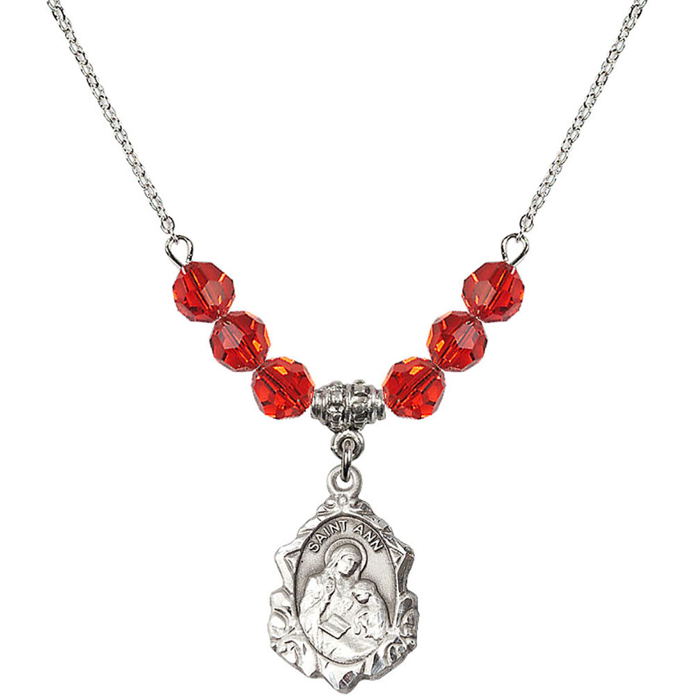 Sterling Silver Saint Ann Birthstone Necklace with Ruby Beads - 0822