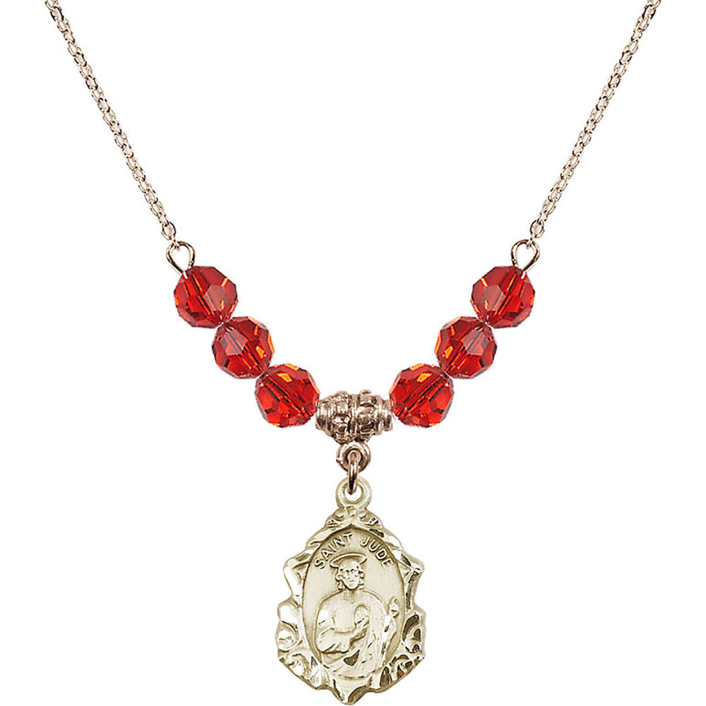 14kt Gold Filled Saint Jude Birthstone Necklace with Ruby Beads - 0822