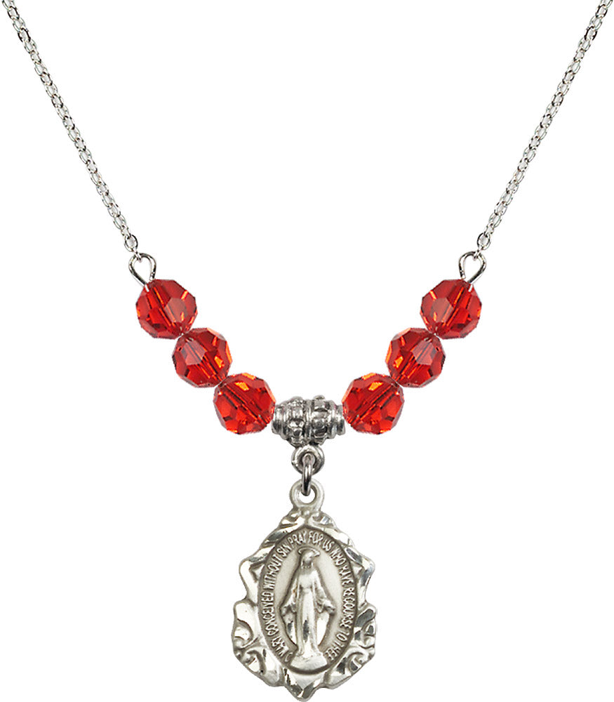 Sterling Silver Miraculous Birthstone Necklace with Ruby Beads - 0822