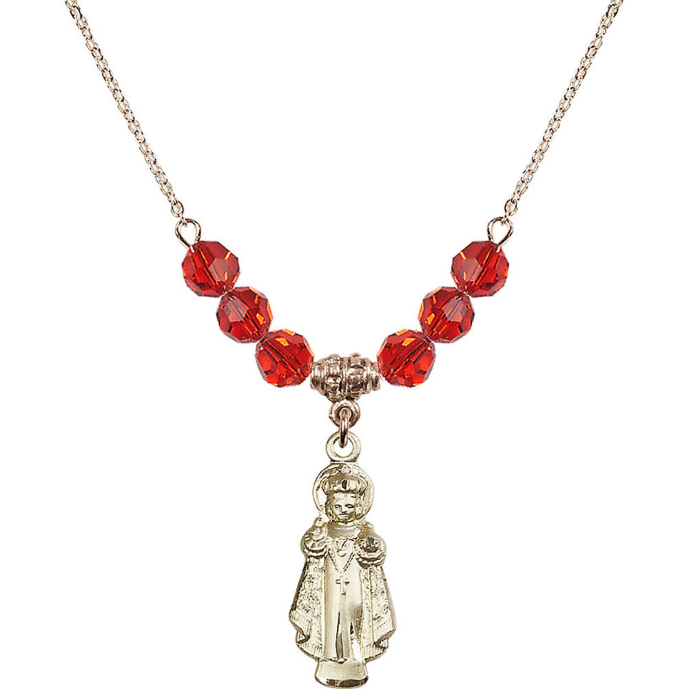 14kt Gold Filled Infant of Prague Birthstone Necklace with Ruby Beads - 0824